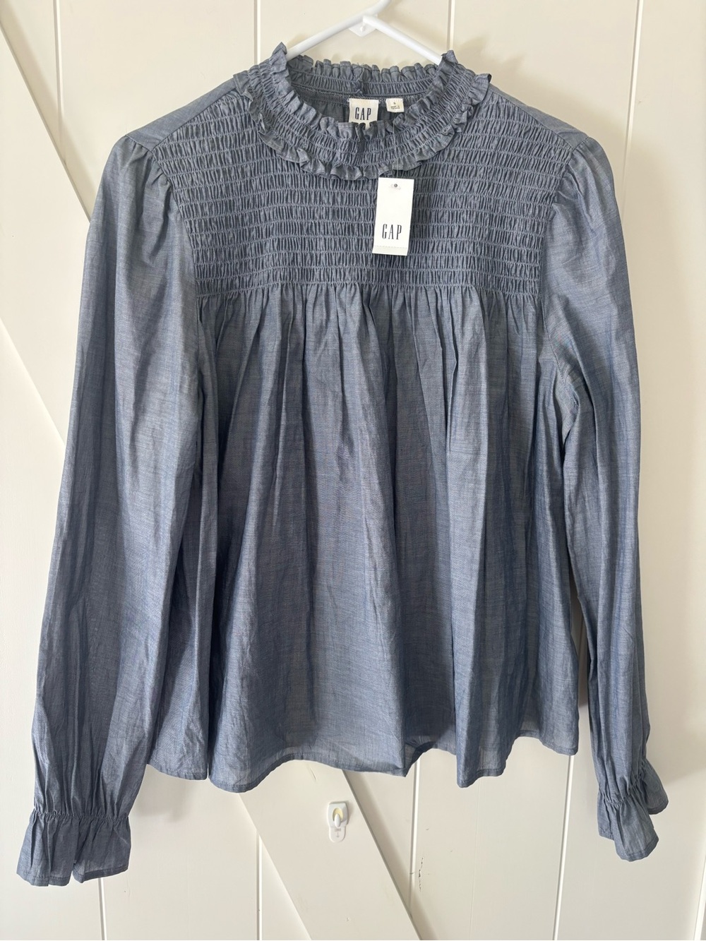 GAP Women's Smocked Ruffle Collar Long-Sleeve Top - Blue Denim color